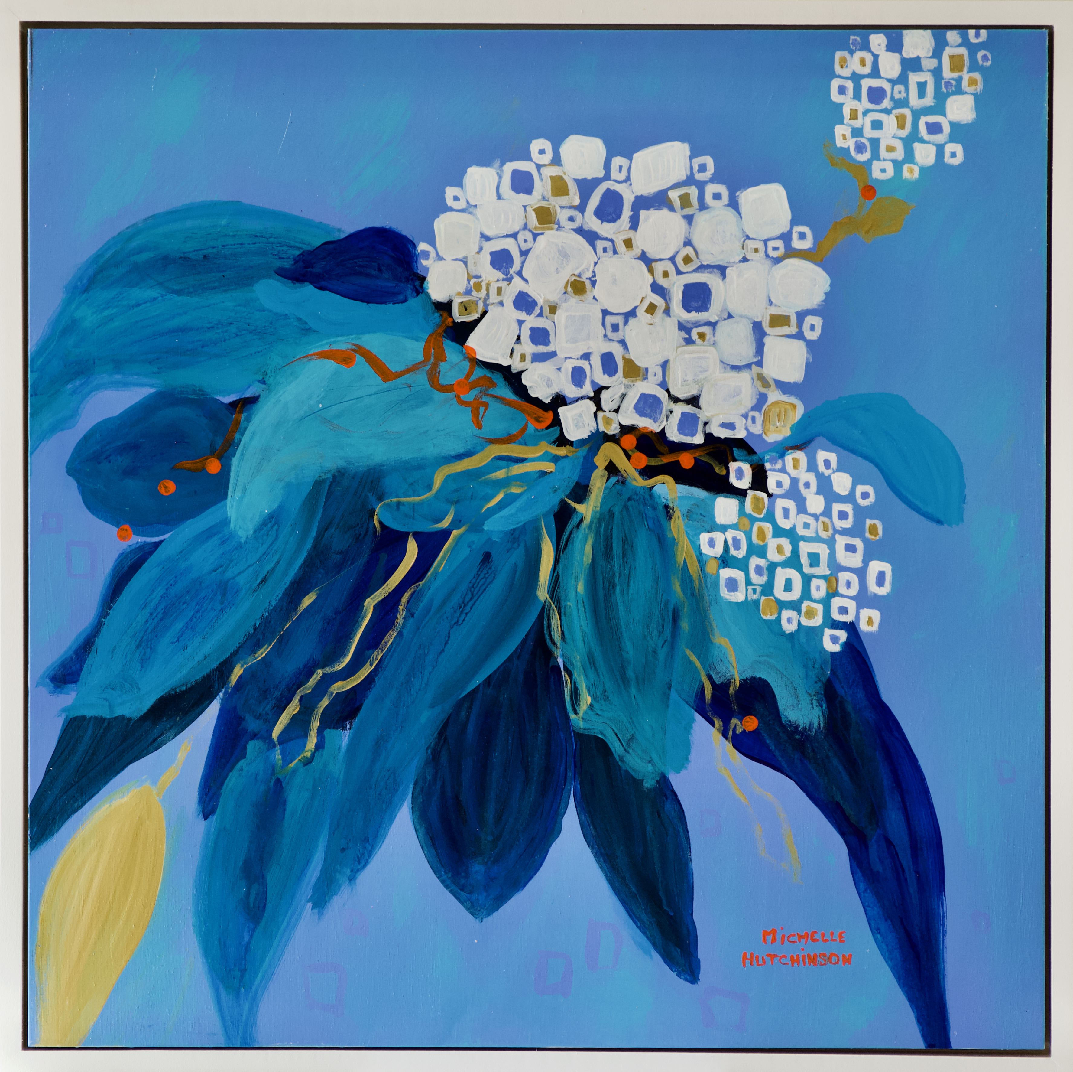 Contemporary hydrangea of blue and white flowers float gently upwards. Lovely in a hallway or beside an occasional table.