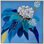 Load image into Gallery viewer, Contemporary hydrangea of blue and white flowers float gently upwards. Lovely in a hallway or beside an occasional table.
