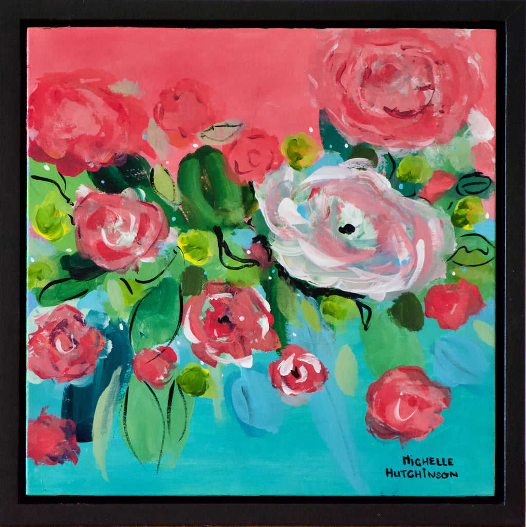 Playful pink flowers on a rose and teal background. This original painting is reminiscent of a timeless chorus going around and around in my head that makes me want to sing forever. 