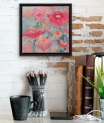 Load image into Gallery viewer, Displayed on a white brick wall above a desk. Abstract flowers in reds, pinks, and corals against a background of blue greens is bursting with colourful personality in this original painting! 
