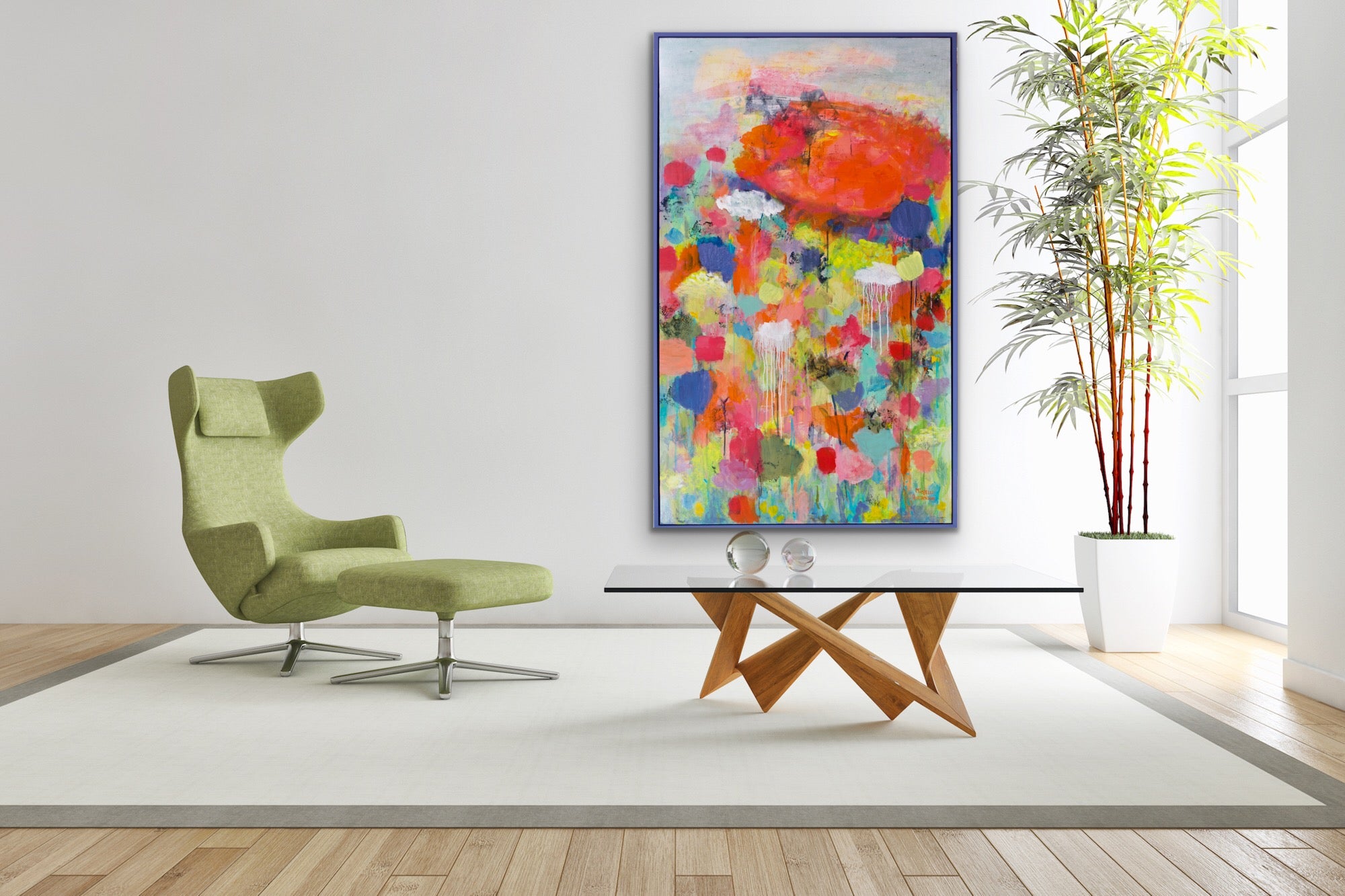 Painting shown beside a chartreuse/sage green chair above a coffee table.