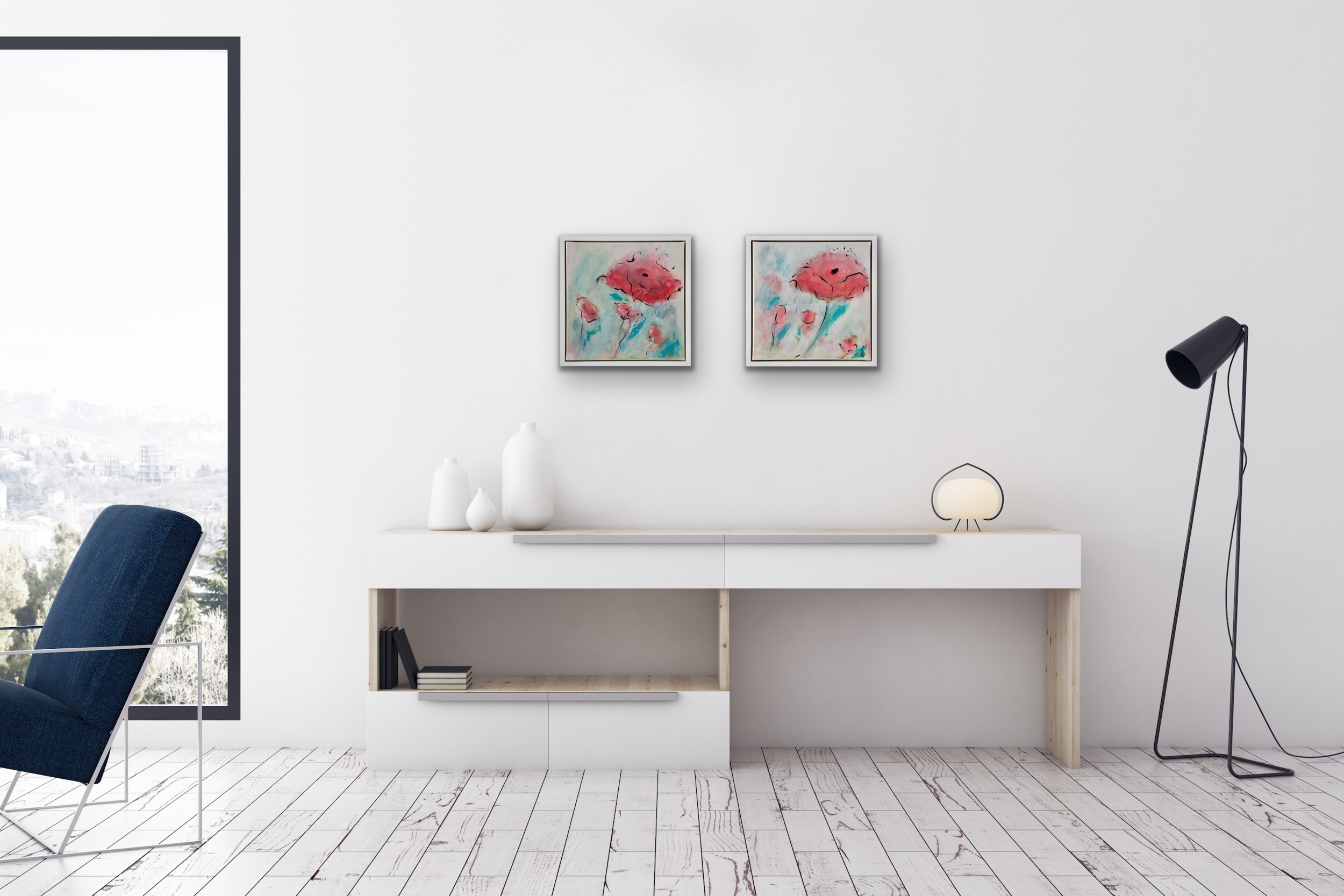 Displayed with Air Kisses II on a white wall above a console table.