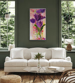 Load image into Gallery viewer, Large vertical painting displayed again a dark sage green wall above a cream sofa.
