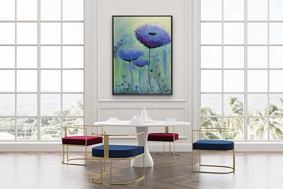 Purple and mauve flowers rise to greet the day! Background in greens, teals, yellow, and iridescents (some metallic gold). Adding beauty to your dining room, living room, or bedroom. Heavily textured black on bottom. Shown above an elegant dining area.