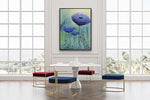 Load image into Gallery viewer, Purple and mauve flowers rise to greet the day! Background in greens, teals, yellow, and iridescents (some metallic gold). Adding beauty to your dining room, living room, or bedroom. Heavily textured black on bottom. Shown above an elegant dining area.
