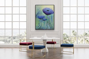 Purple and mauve flowers rise to greet the day! Background in greens, teals, yellow, and iridescents (some metallic gold). Adding beauty to your dining room, living room, or bedroom. Heavily textured black on bottom. Shown above an elegant dining area.
