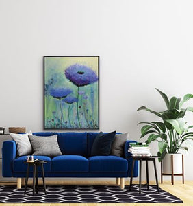 Purple and mauve flowers rise to greet the day! Background in greens, teals, yellow, and iridescents (some metallic gold). Adding beauty to your dining room, living room, or bedroom. Heavily textured black on bottom. Shown above a blue velvet sofa.
