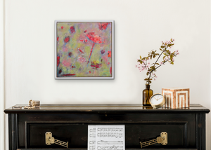 Delightfully fun and abstract, orange fantasy flowers float up. Displayed above a piano.