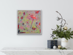 Load image into Gallery viewer, Delightfully fun and abstract, orange fantasy flowers float up. Displayed on a wall above a shelf.
