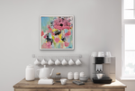 Load image into Gallery viewer, Funky large pink blossom and teal background invites a feeling of joy shared with friends. Displayed above a coffee bar.
