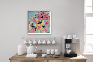 Funky large pink blossom and teal background invites a feeling of joy shared with friends. Displayed above a coffee bar.