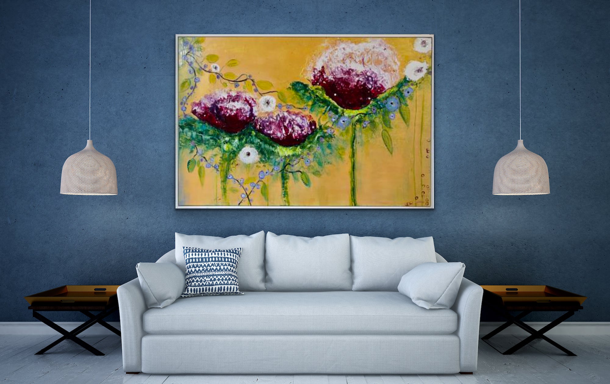 A dark blue wall really sets off the beauty of this piece and draws attention to the small blue flowers. Shown above a white sofa.
