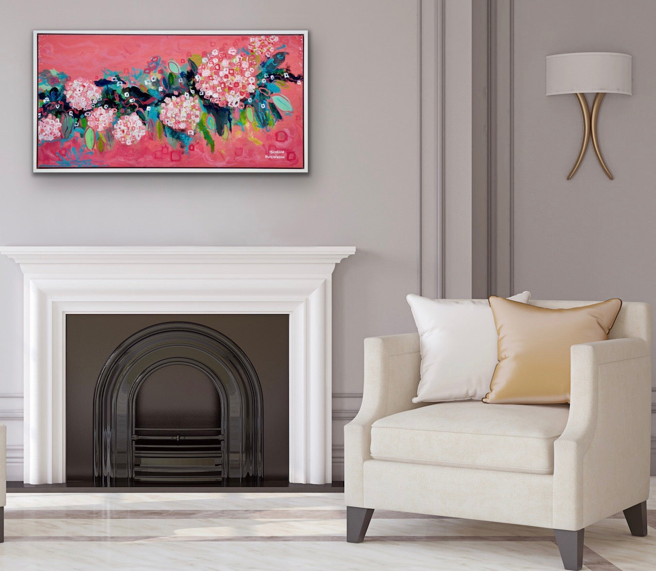 Vibrant corals and pinks contemporary hydrangea above a white fireplace.