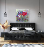 Load image into Gallery viewer, Rising Above shown on a grey wal above a charcoal grey bedframe
