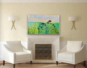 Large abstract iris painting above a fireplace.
