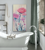 Load image into Gallery viewer, Muted colours of mauves, pinks, and turquoise add a note of sophistication while still being playful for this large original painting of abstract flowers displayed in an elegant bathroom setting.

