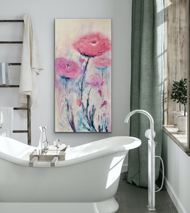 Muted colours of mauves, pinks, and turquoise add a note of sophistication while still being playful for this large original painting of abstract flowers displayed in an elegant bathroom setting.
