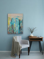 Load image into Gallery viewer, dreamy glues, yellows, and burnt oranges  waterfall displayed against a pale blue wall

