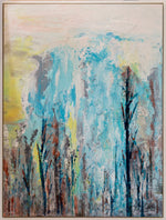 Load image into Gallery viewer, Bold abstract landscape depicts trees in the foreground with rocks and waterfall in the background. Painted in soft teals, yellows, and greys. Uses fluid acrylic pouring technique on wood panel. Includes custom white frame, bumper pads, and pre-mounted wires. Free shipping in N.A. No tax!
