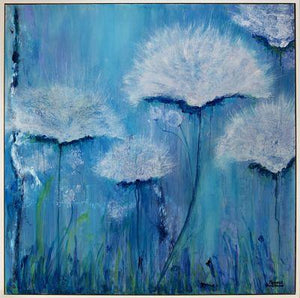 Peacefully captivating original mixed media painting, white flowers on background of blues and greens. Will bring serenity into any large space, such as a bedroom or living room. Includes Custom White Floating Frame, bumper pads, and pre-mounted wires. Free shipping in N.A. No tax!